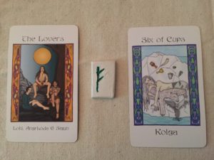 Draw May 25 2016: Active Influence—Loki, Angboda & Sigyn/The Lovers; Rune—Fehu; Hidden Influence—Kolga/Six of Cups