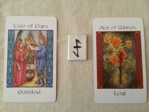Draw May 26, 2016: Active Influence—Gunnlod/Two of Cups; Rune—Wolfsangel; Hidden Influance—Logi/Ace of Wands.