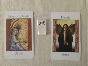 Draw May 28, 2016: Active Influence—Groa/Nine of Wands; Rune—Wan; Hidden Influence—Hela/Death.