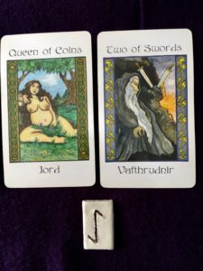 Draw for January 13, 2017: Jord/Queen of Cups; Eihwaz/Yew; Vafthrudnir/Two of Swords