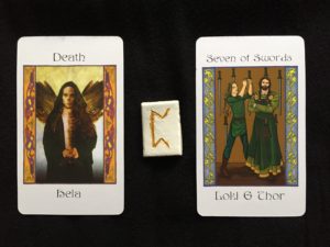 Hela/Death; Perthro; Loki & Thor/Seven of Swords