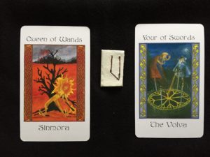 Sinmora/Queen of Wands; Uruz-reversed; The Volva/Four of Swords