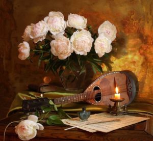 Still Life with Peonies and Lute by Andrey Morozov