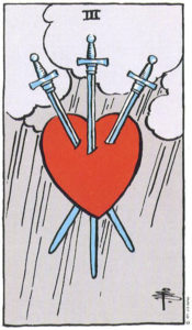 Three of Swords from the Rider-Waite-Smith Tarot, art by Pamela Colman Smith
