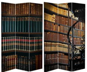 A three-panel room divider covered in canvas printed to look like shelves of library books. The photo shows both sides of the divider. There is a bit of fancy wrought iron showing in the right panel of the front side, which is part of a spiral staircase.