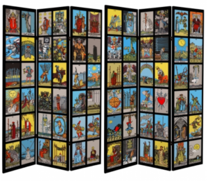 A three-panel room divider, decorated with images from the Rider-Waite-Smith Tarot. The image shows both sides of the divider.