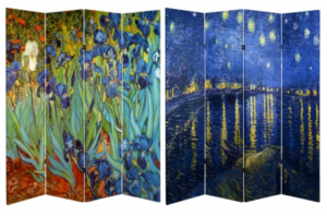 A four-panel room divider. One side shows Van Gogh's painting "The Irises". The other side shows the painting "The Starry Night".
