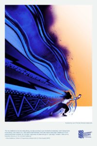 An illustration of a female figure moving from left to right, with various waves of blue and purple behind her.