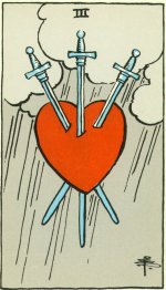 A Tarot card depicting a red heart pierced by three silver swords, with three clouds and falling rain in the background.