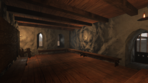 A screenshot from the video, showing an interior room dimly lit by a few candles, with two narrow, deep windows. The walls are stone, and the floor and ceiling are made of wooden beams. Two long benches form an L-shape against the far walls. An arched doorway leads to another room.