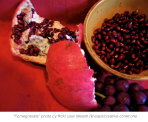A piece of pomegranate rind with seeds and piece of the outside rind are on a red tablecloth, next to a yellow bowl filled with pomegranate seeds.The caption reads "Pomegranate" photo by flickr user Meesh Rheault/creative commons".