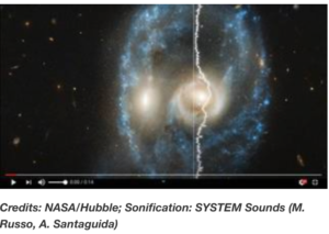 A photo of the Twin Galaxies AM 2026-424 star system, a collection of blue stars in an elongated circle, with a few very bright white stars scattered among them.