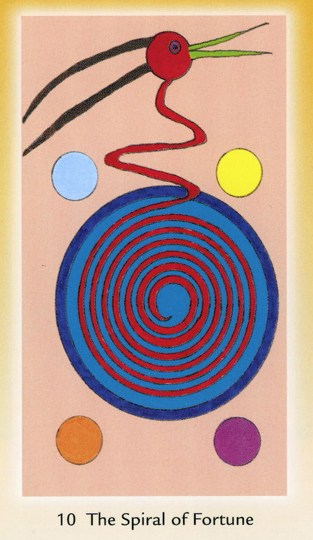 A dark blue circle at the center of the image is filled with a lighter blue color. A red spiral fills the circle, coming out at the top as a bird-like creature with a round purple eye, green beak, and two large feathers coming out of the back of the head. The large circle is surrounded by four small circles - light blue, yellow, purple, and orange.