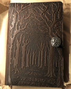 A dark brown leather notebook with an embossed pattern of trees, and a silver button fastener.