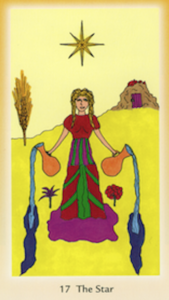 A drawing of the Goddess Persephone holding two pitchers of water, pouring them onto the Earth.