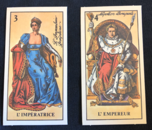 The Empress and Emperor cards from the Napoleon Tarot, featuring drawings of Josephine and Napoleon.