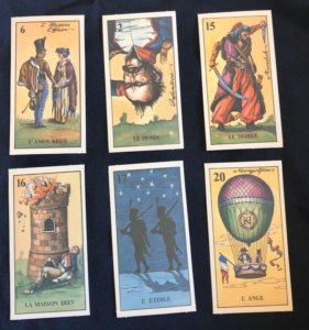 The Lovers, Hanged Man, Devil, Tower, Star, and Angel card from the Napoleon Tarot.