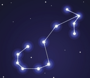 A drawing of the stars in the constellation of Scorpio, against a dark background.
