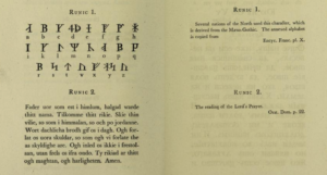 A scan of the 1799 book showing a set of mixed runes, Fry's notes, and the Christian Lord's Prayer in Icelandic.