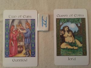 Draw May 11, 2016 Gunnlod / Two of Cups; Hagalaz; JordQueen of Coins