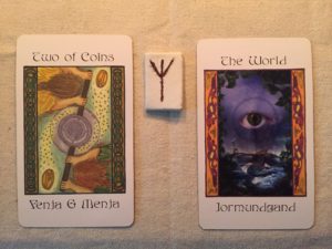 Draw May 2 2016: Fenja & Menja/Two of Coins; Algiz; Jormundgand/The World