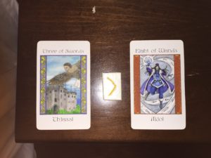 Draw May 24, 2016: Thjassi/Three of Swords; Rune—Kenaz, reversed; Hidden Influence—Mjol/Eight of Wands